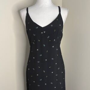 GAP Black Floral Rayon Maxi Slip Dress with Blue and Cream Accents. Y2K. Size 12